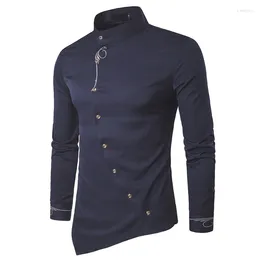 Men's Dress Shirts 2024 Fashion Male Shirt Long Sleeve Mens Clothes Oblique Button Mandarin Collar Men Tuxedo