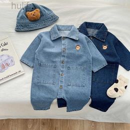 Rompers Spring And Autumn Newborn Infant Baby Boys And Girls Cotton Denim Romper Long-sleeved Cute Kids Korean Soft Baby Clothing d240425