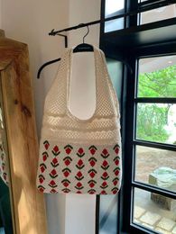 Evening Bags 2024 Women Retro Summer Hobo Bag Trendy Flower Knitted Shoulder Mesh Hollow Tote Casual Beach Purse