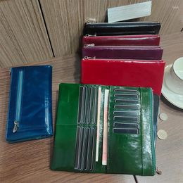 Wallets Retro Waxed Genuine Cow Leather Bil-fold Long Wallet Women Solid Color Back Zipper Pocket Clutch Purse Card Holders Money Bag