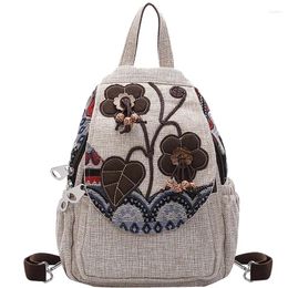 School Bags ASDS-Chinese Linen Women's Backpack Casual Floral Print Retro Art Shoulder Bag Rucksack