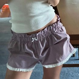 Women's Shorts Y2K Vintage Plaid Bow Trim Elastic Waist Boxers Pants Retro Streetwear Sweet Cute Aesthetic Frill Kawaii Outfits