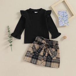 Clothing Sets Listenwind Toddler Girl Cute Outfit Ruffles Ribbed Long Sleeve Tops And Plaid Print Skirt With Belt Set For Fall Clothes