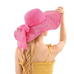 Wide Brim Hats Bucket Hats Womens Summer Beach Tour Str Hat South Korean Beach Big Hat Bow Wide Brim Sunscreen Holiday Folding Fashion Big Cool Hat J240425