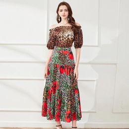 Work Dresses Runway Vintage Leopard Suit Womens Summer Fashion Off Shoulder Top Maxi Skirt Outfits Flower Print Holiday Ladies Two Pieces S