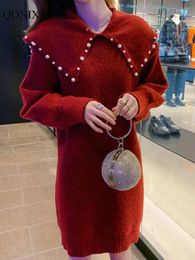 Casual Dresses 2024 Autumn Winter Knit Vintage Christmas Dress Sweater Red Doll Neck Diamonds Cashmere Skirt Women The Lantern Sleeve Korean