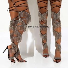 Boots Est Bling Rhinestone Trim Lace Up Open Toe Stiletto Heel Sandal Summer Fashion Crystal Fringed Over The Knee Boot