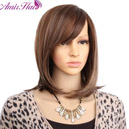 Wigs Amir Short Synthetic Hair Wigs Bob Hairstyle Straight Hair With Part Side Bangs For Black Women Mixed Colour Heat Resistant Fibre