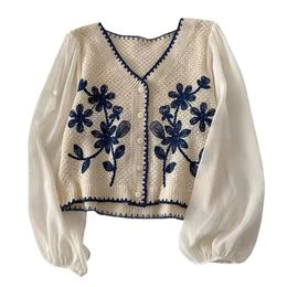 Women Casual V-Neck Button Down Cropped Cardigan Puff Long Sleeve Elegant Embroidery Floral for JACKET Cover Up Blouse 240424