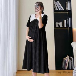 Maternity Dresses Maternity Dress Summer Lace Peter Pan Collar Short Sleeve High Waist Pregnant Woman Loose Chiffon Dress Sweet Pregnancy Clothes