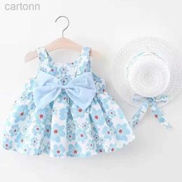 Girl's Dresses New girl floral dress sweet summer bow toddler beach dress for children aged 0 to 3 newborn clothing+hat set of 2 pieces d240425
