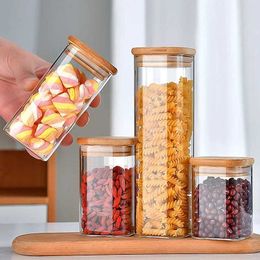 Storage Bottles Jars 150-560ml square glass bottle with wooden lid candy seasoning coffee bean jar sealed storage container kitchen organization H240425