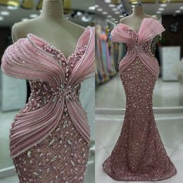 2024 Plus Size Dustyrose Prom Dresses for Black Women Promdress Illusion Beaded Lace Pearls Rhinestones Decorated Birthday Party Dress Second Reception Gown AM780
