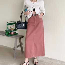 Skirts Korean Style Pink Denim Women Midi Skirt 2024 Fashion Vintage High Waist Straight A-Line Pocket Jean Long Without Belt