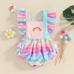 One-Pieces Summer Infant Baby Girls Romper Fly Sleeve Rainbow Print Toddler Cotton Bodysuit Clothes 018 Months Ruffles Backless Jumpsuits