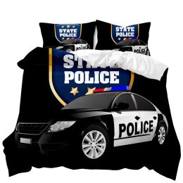 sets Police Car Duvet Cover Black Policeman Car Twin Bedding Set Cartoon Vehicle Comforter Cover Red Cop Lights Polyester Quilt Cover