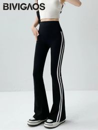 Capris BIVIGAOS Striped Black Micro Flared Shark Pants Women High Waist Slim Sport Pocket Flared Leggings Spring Autumn Horseshoe Pants