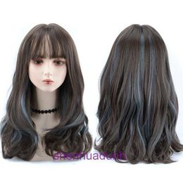 Genuine hair wigs online store Wig Womens Long Hair Fashion Spot Dyed Blue Gradient Wave Cover Comfortable and Natural High Temperature Silk Full Top Shoulder Length