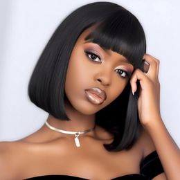 Short Bob Wigs Human Hair Bob Wig With Bangs Wigs for Black Women Brazilian Straight Hair None Lace Front Natural Black Wig