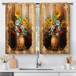 Curtain 2pcs Vase Sunflower Retro Watercolour Floral Art Country Kitchen Bedroom Cafe Room Window Shade Cloth