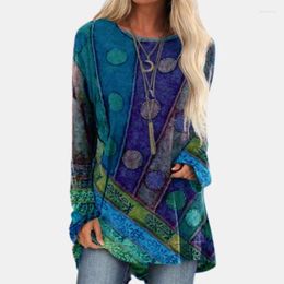 Women's T Shirts Fashion Womens Retro Ethnic Style Round Neck Circle Printing Printed Long Sleeved Top T-Shirts