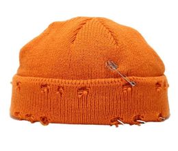 Beanies Unisex Winter Knitted Beanie Hat With Pins ORing Vintage Distressed Hole Solid Color Hip Hop Stretch Cuffed Skull Cap5445436