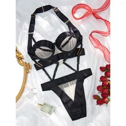 Bras Sets Exotic Apparel For Women Solid Color Black One Piece Fun Underwear Sexy Metal Buckle Patchwork Lingerie Valentine Gift 2024