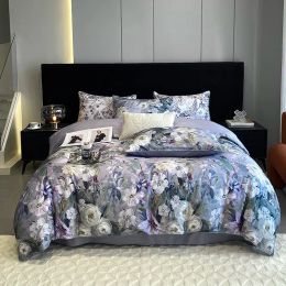 sets Gray Purple Floral Print 4Pcs 600TC Egyptian Cotton Bedding Comforter Quilt Cover Zip Closure Duvet cover Bed Sheet Pillowcases