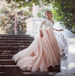 2019 Romantic Lace Tulle Pink Wedding Dress Arabic A Line Deep Vneck Bridal Gown South Africa Plus Size Custom Made Vestido De no2025114