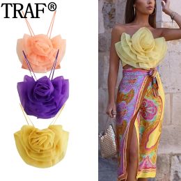 Camis TRAF Pink Purple Crop Top Women Off Shoulder Flower Yellow Top Female Streetwear Backless Sexy Summer Tops Y2K Green Corset Top