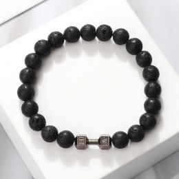 Strands Hot Natural Stone Dumbbell Beaded Bracelet Black Lava Onyx Beads Fitness Fit Life Prayer Bracelets Bangles Barbell Men Jewelry