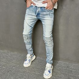 Men Biker Jeans Ripped Spliced Stylish Street Style Distressed Holes Skinny Pencil Denim Pants For 240417