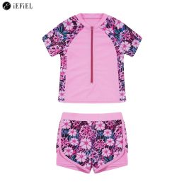 Suits Kids Girls Print Short Sleeves Front Zipper Rashguard Shirt with Swim Shorts Water Sport Tankini Swimwear Bathing Suit Beachwear