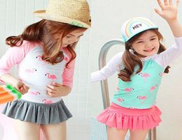 Children Two Pieces Suit Without Cap Girl Long Sleeve Swimsuit Cute Flamingo Skirted Swimwear Bathing Suit3062283