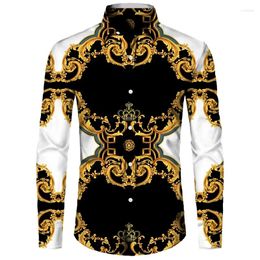Men's Casual Shirts Fashion Golden Flower Chain 3D Print Men Long Sleeve Shirt Mens Luxury Designer Clothing Streetwear Lapel Button