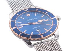 46MM Watches Mens Asia 2813 Automatic Movement Steel Case Rose Gold Bezel luminous Blue face Mesh belt wrist watch8336807