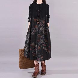 Casual Dresses Women Loose Retro Large Size Long-Sleeved Fashionable And Elegant Splicing Floral Print Versatile Dress For Commuting