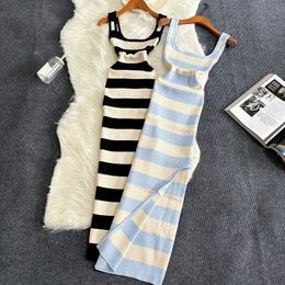 2024 Stripe Summer Elastic Split Bodycon Dress Sexy Beach Vacation Sundress Women Casual Slim Pencil Vestidos Maxi Long Dress 240424