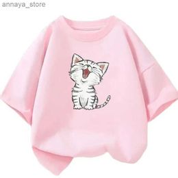 T-shirts Girls Clothes 2024 Summer Fashion T-Shirt Fun And Cute Cat Kitten Print Short-Sleeved Tops Children Summer ClothesL2404