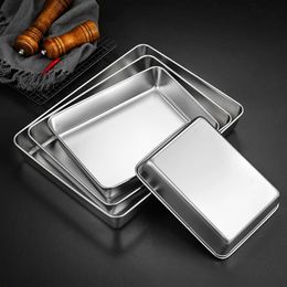 Stainless Steel Rectangular Baking Tray Food Barbecue Bakeware Fruit Bread Storage Plate with Handle Deep Pan Dish Kitchen Tools 240410