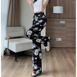 Women's Pants Summer Thin Ice Silk Leisure Y2k Baggy Women Flowers Printed Streetwear Trousers High Waist Straight Wide Leg StreetPants