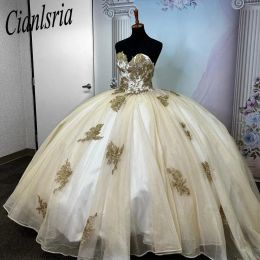 Champagner Ballkleid Perlen Applikationen Quinceanera Kleider Prinzessin Süße 16 Vestidos de 15 Anos Robe de