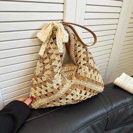 Drawstring Summer Hollow Straw Beach Bag Handmade Woven Lace Bow Shoulder Casual Shopping Travel Bohemian Braided Handbag Tote