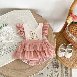 Rompers Infant Girls Romper Dress Summer Vintage Floral Embroidery Lace Jumpsuit for Toddler Ruffles Lace Hem Tutu Dress Girls Clothing H240425