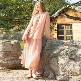 Work Dresses French Chic 2 Peices Suit Blouse Tops With A-Line High Wasit Skirts Sweet Pink Long Sleeve Shirt Casual Streetwear Fashion Sets