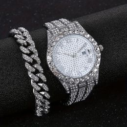 Fashion Hip-hop Cuban Bracelet Mens Steel Band Faux Diamond Watch Fashion Mens Watch Set 240425