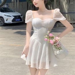 Casual Dresses 2024 Summer White Mini Dress Women Elegant Square Collar Puff Sleeve Green Simple Lady High Waist Slim Holiday Y2k