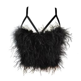 Luxury Feather PU Leather Tank Tops For Women Camisole Bustier Bra Outer Wear Sexy Backless Cropped Top Nightclub Vests Y3049 240421