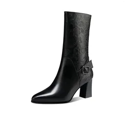 Boots Mstyle Genuine Leather Handmade Mid-Calf For Women Side Zip Modern Buckle Pointed Toe Block Heel Warm Winter Boot Shoes