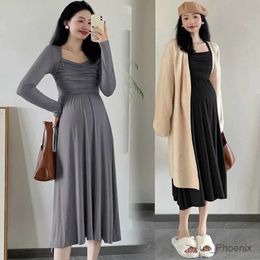 Maternity Dresses 2024 Spring Maternity Dresses Long Sleeve Square Collar High Waist Pregnant Woman Modal Dress Faux Two Pieces Pregnancy Clothes